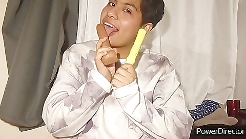 Small ass brunette woman is masturbating with a toy