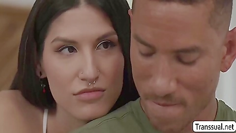 Old dude fucks a young brunette shemale in a hardcore scene