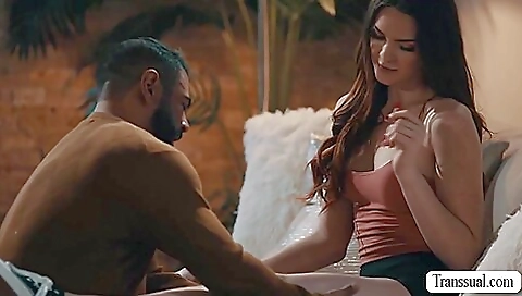 Brunette stepsister fucked in the living room in her underwear