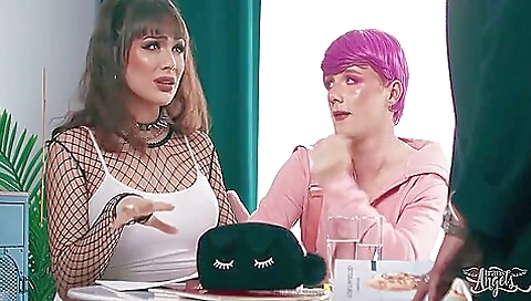 Beautiful brunette with a pair of huge tits taking cock in mouth