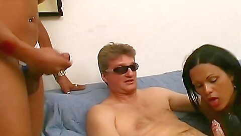 Hunk with big cock and a pair of hunky men in a threesome